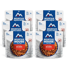 Mountain House Beef Lasagna packaged image highlights portable, long shelf-life camping meals.