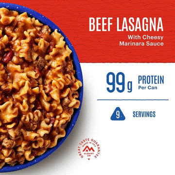 Mountain House beef lasagna served in bowl highlights easy rehydration and satisfying camp dining.