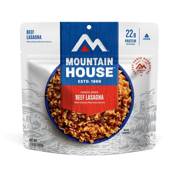 Mountain House Beef Lasagna with water addition shows easy 10-minute meal prep.