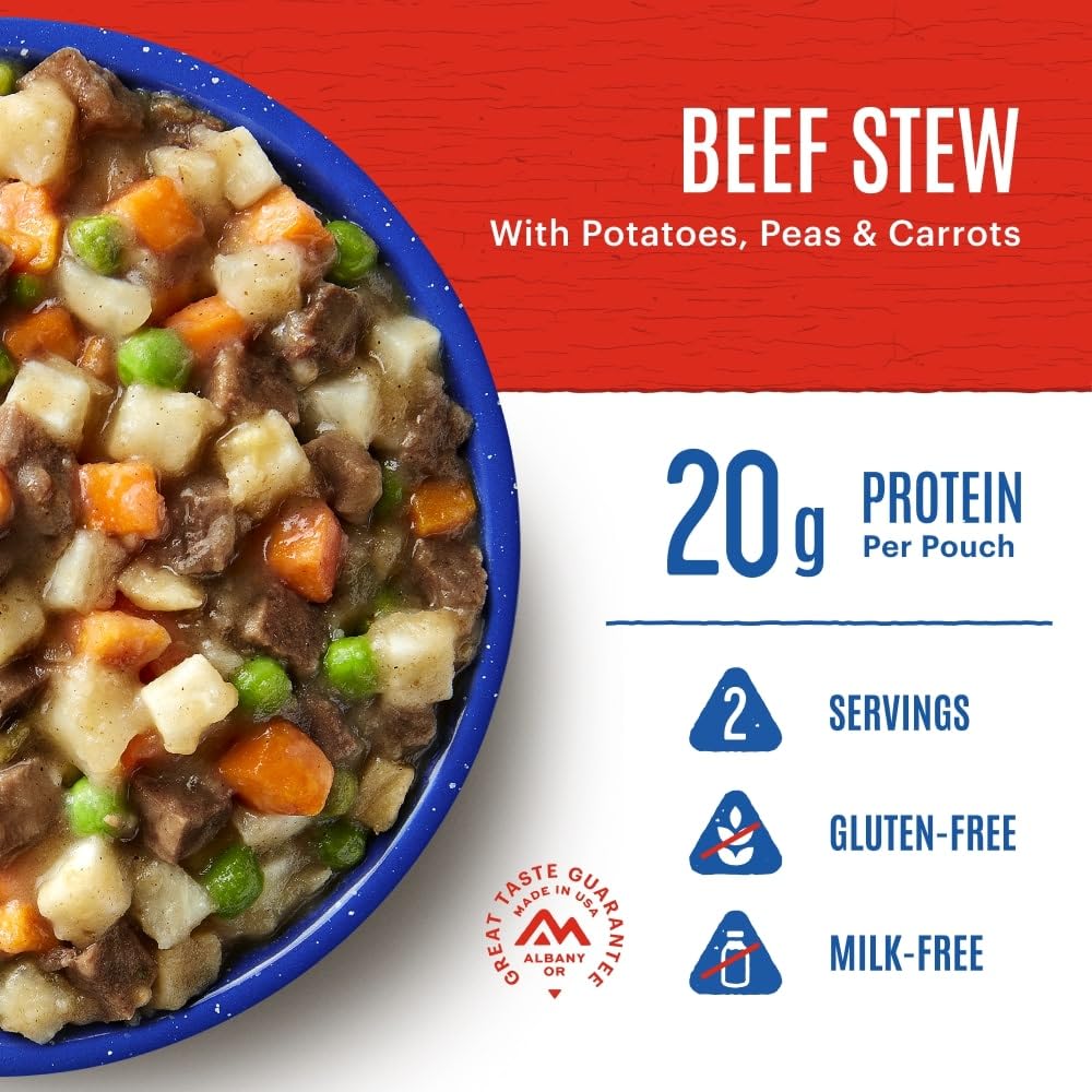 Mountain House Beef Stew serving bowl highlights a comforting camp meal