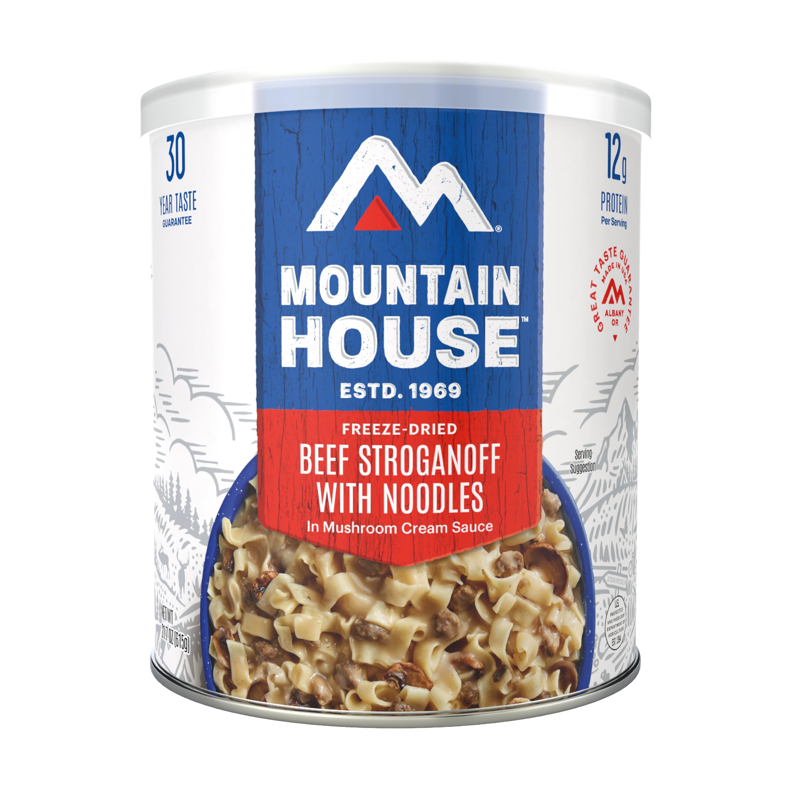 Mountain House beef stroganoff can closeup shows ready-to-eat camping meal