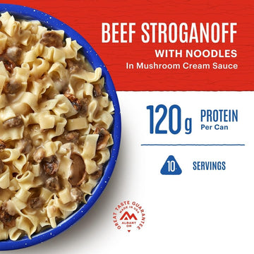 Mountain House beef-stroganoff-noodles-mushrooms shot emphasizes creamy sauce