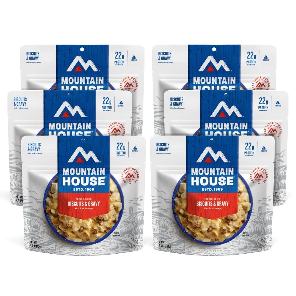 Mountain House biscuits & gravy pack closeup showing comforting trail-ready flavor.