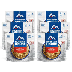 Mountain House biscuits & gravy pack closeup showing comforting trail-ready flavor.