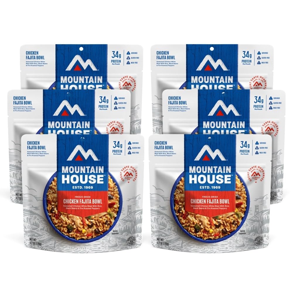 Mountain House Chicken Fajita Bowl packfront — gluten-free camping staple ready for adventure.