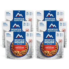 Mountain House Chicken Fajita Bowl packfront — gluten-free camping staple ready for adventure.
