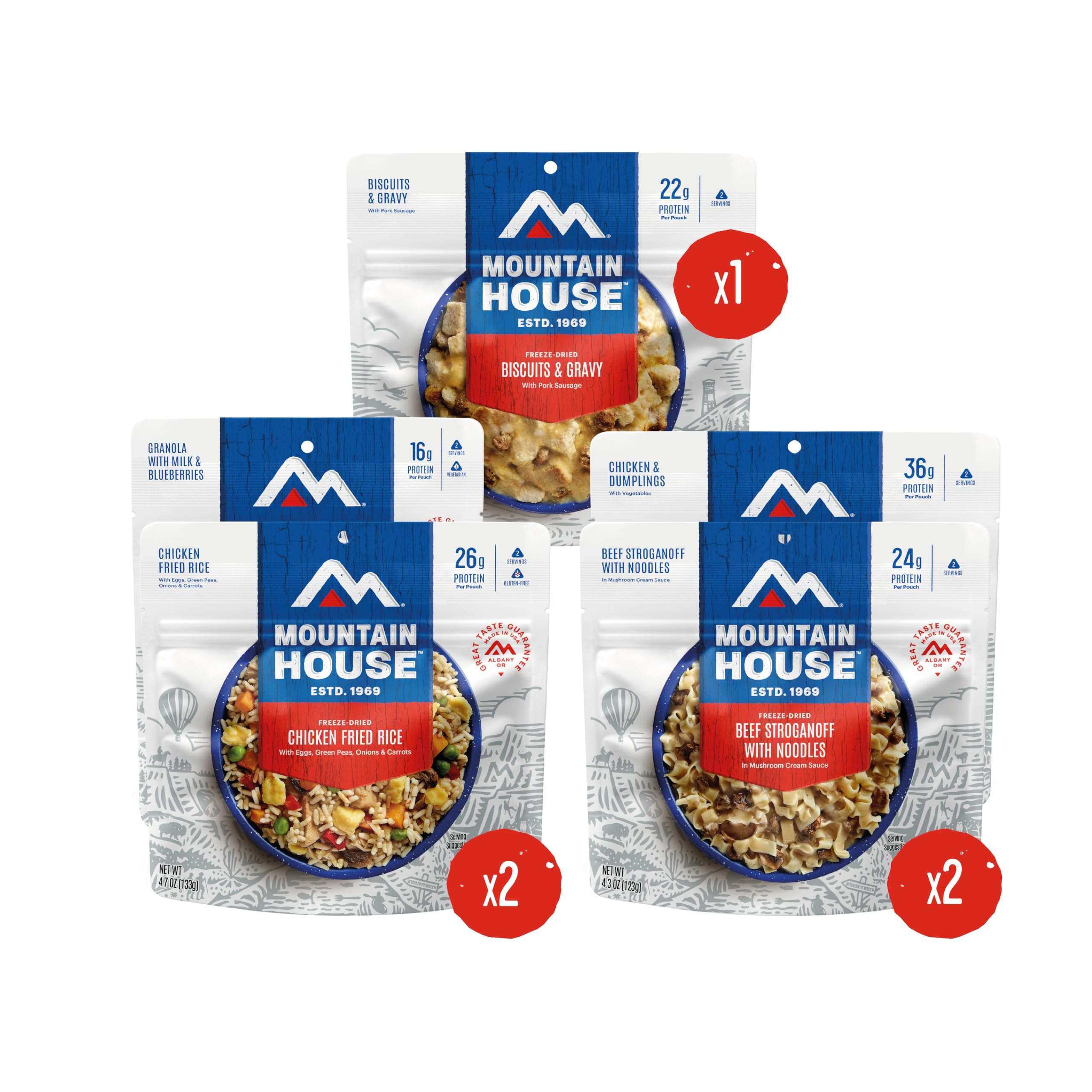 Mountain House chicken fried rice pouch—protein-packed emergency meal on the go.