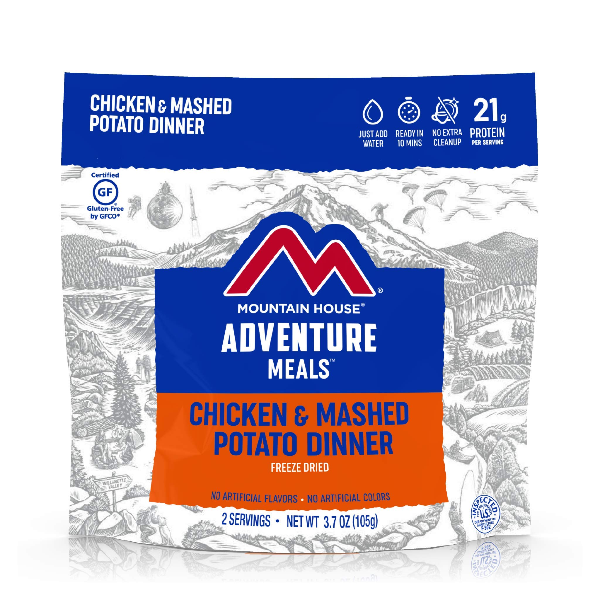 Mountain House pouch open shows ready-to-eat meal for backpacking trips.