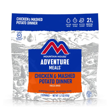 Mountain House pouch open shows ready-to-eat meal for backpacking trips.