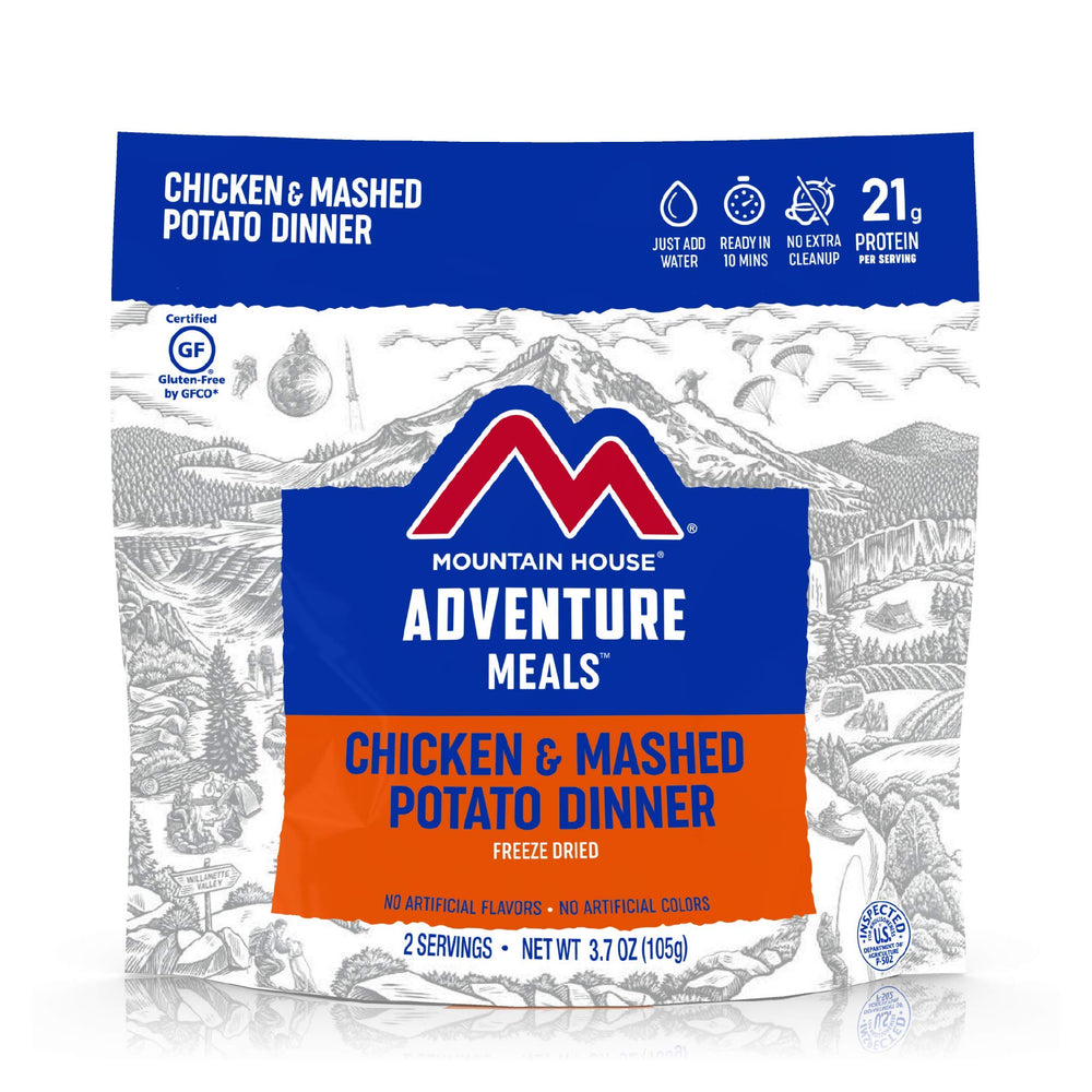 Mountain House pouch open shows ready-to-eat meal for backpacking trips.