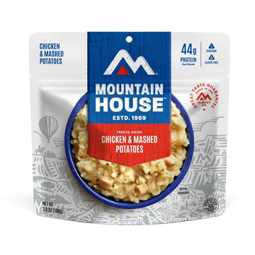 Mountain House gluten-free chicken mashed potatoes in bowl ready for hot, quick backpacking meals.