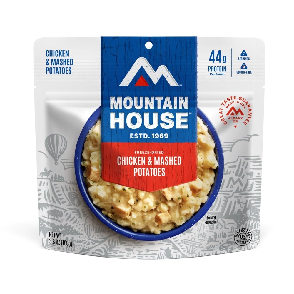 Mountain House gluten-free chicken mashed potatoes in bowl ready for hot, quick backpacking meals.