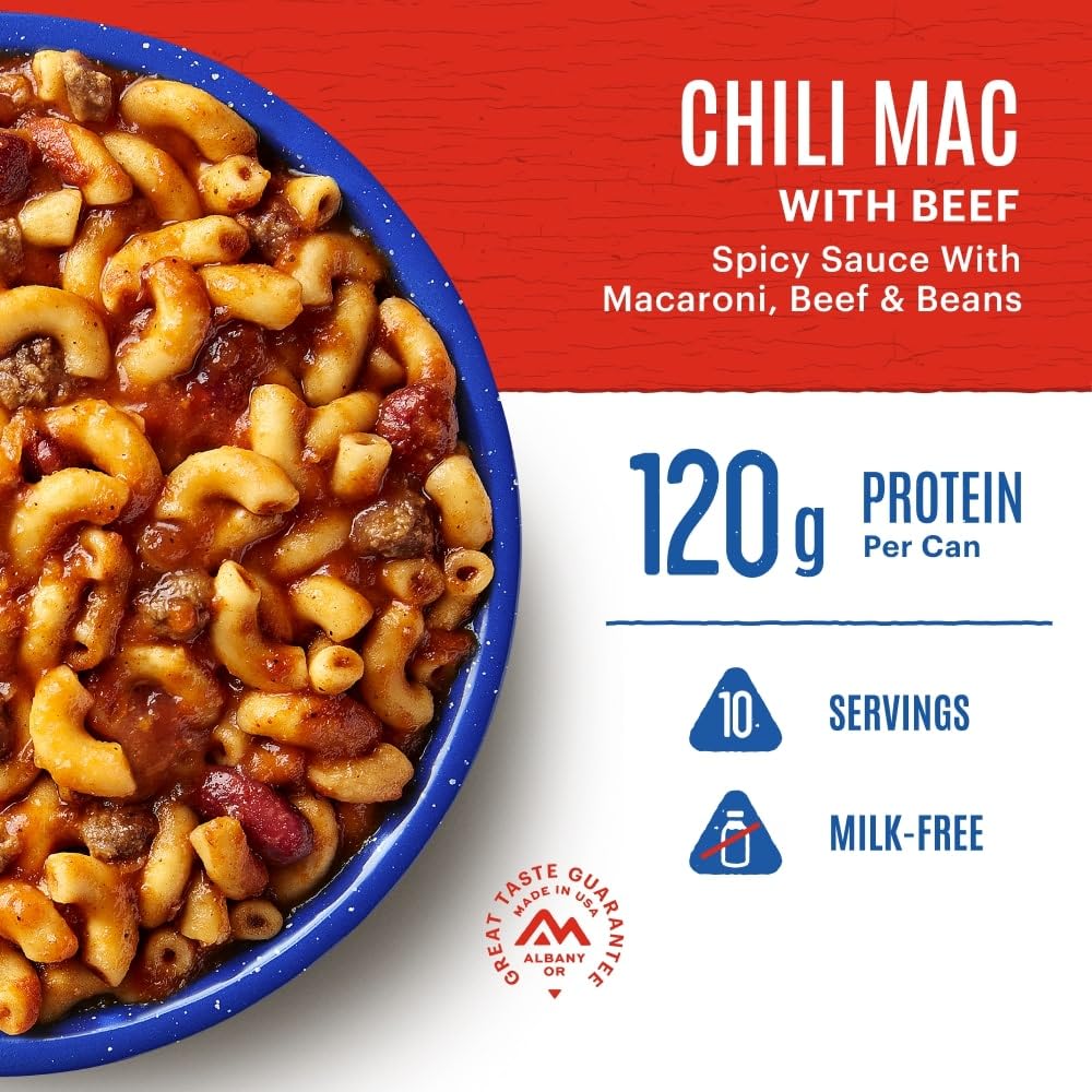 Mountain House Chili Mac with Beef ready-to-serve portion, convenient hiking dinner.