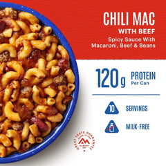 Mountain House Chili Mac with Beef ready-to-serve portion, convenient hiking dinner.