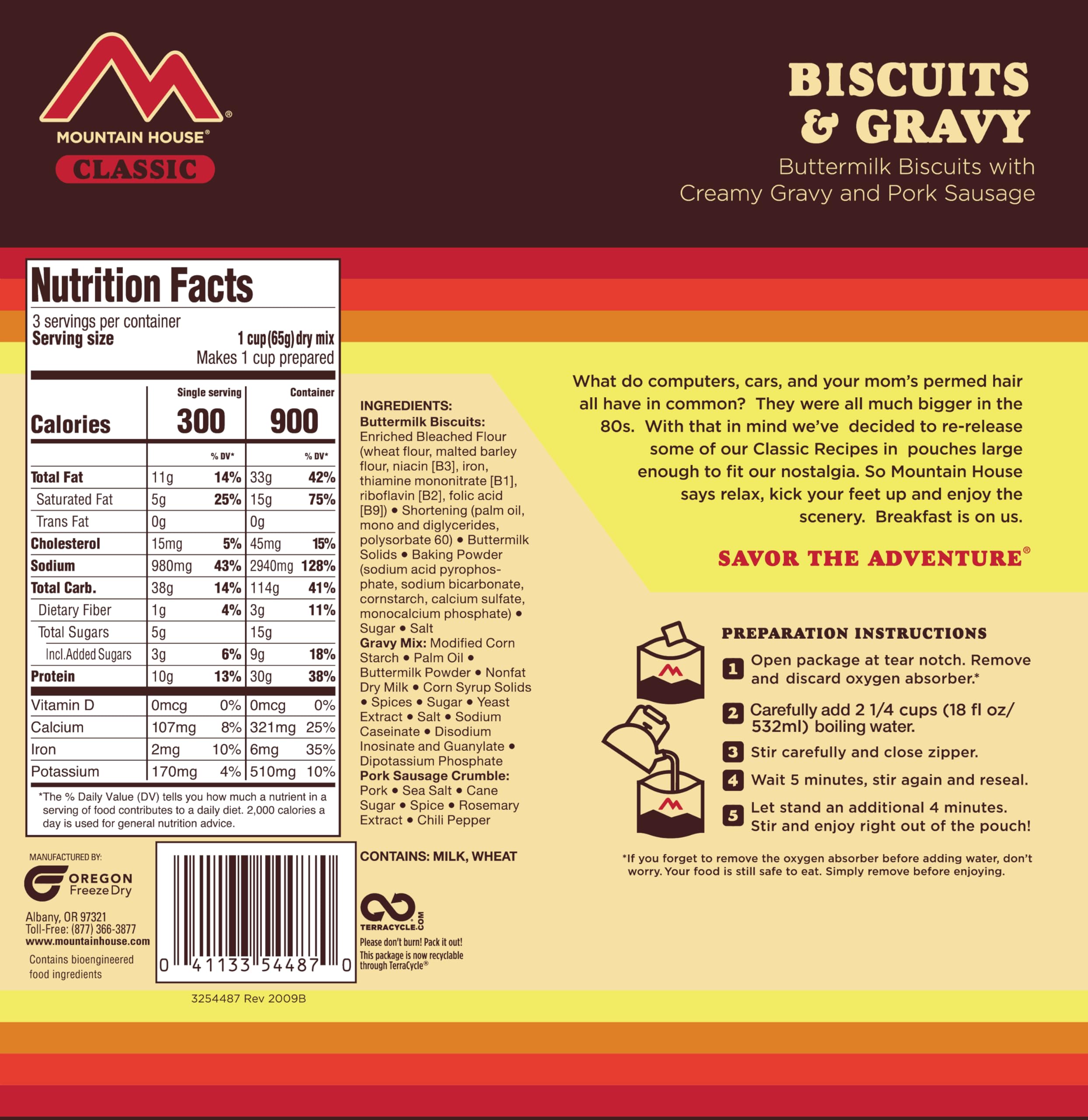 Mountain House Biscuits & Gravy ingredients label for quick review