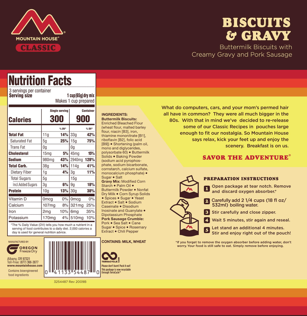 Mountain House Biscuits & Gravy ingredients label for quick review