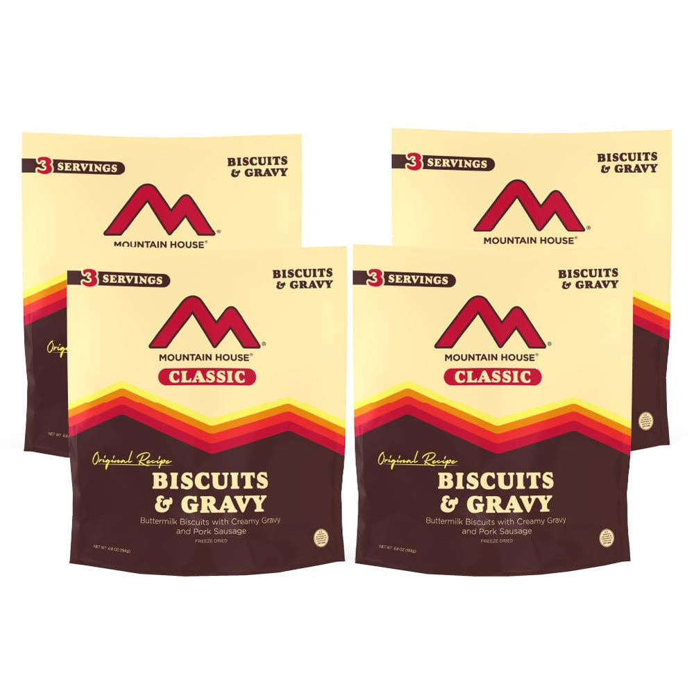 Mountain House Classic Biscuits & Gravy pouch front for easy camping meals