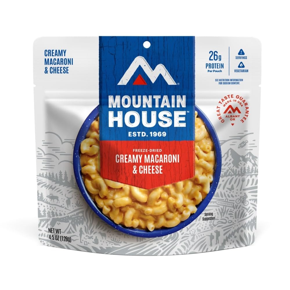 Mountain House Creamy Macaroni & Cheese pouch close-up shows convenient single-serve pouch