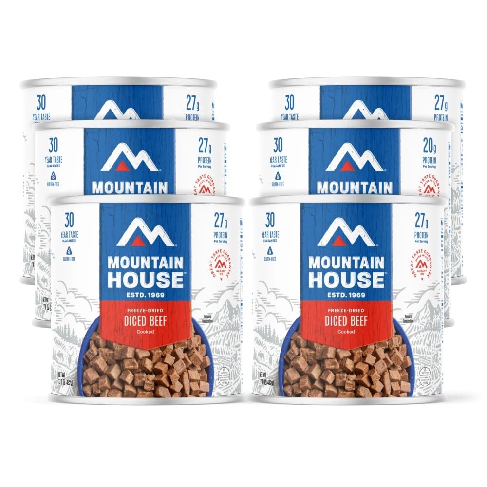 Mountain House diced beef can front view shows quick meal option