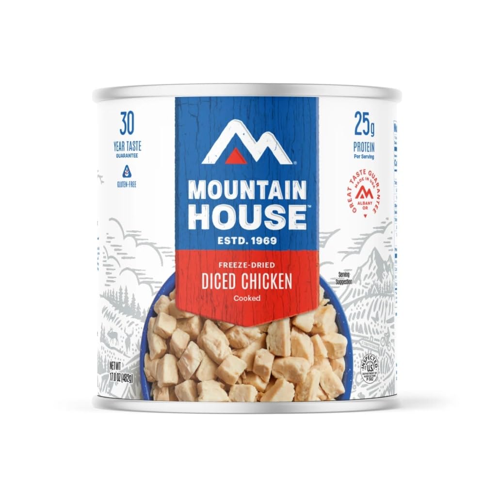 Close-up of Mountain House diced chicken can lid, ready for rehydration