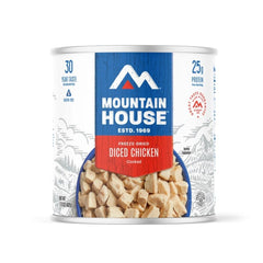 Close-up of Mountain House diced chicken can lid, ready for rehydration
