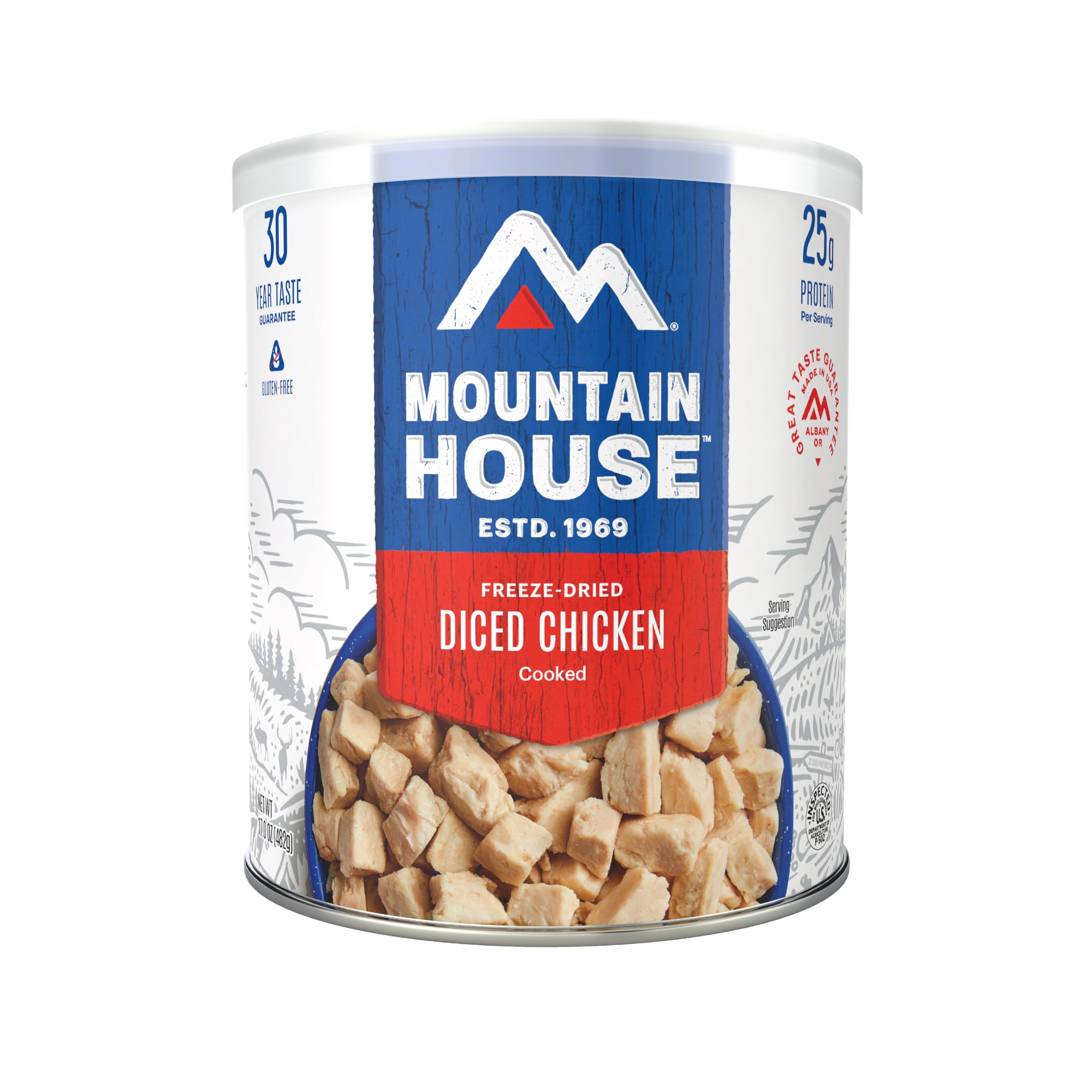 Mountain House diced chicken can front; camping staple and emergency prep choice.