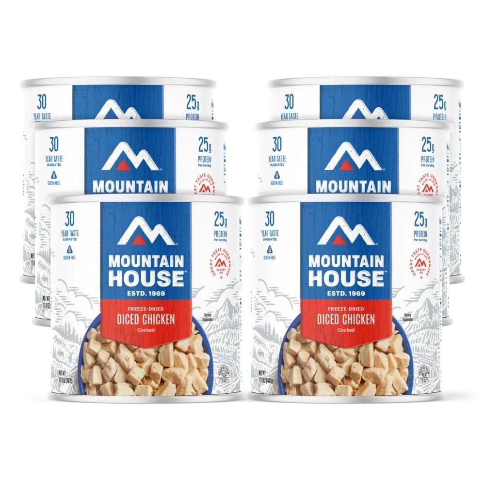 Mountain House diced chicken six-pack can, ideal for emergency storage