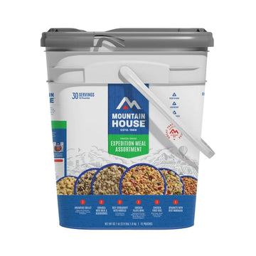 Mountain House expedition meal bucket setup on campsite for quick, satisfying camp meals