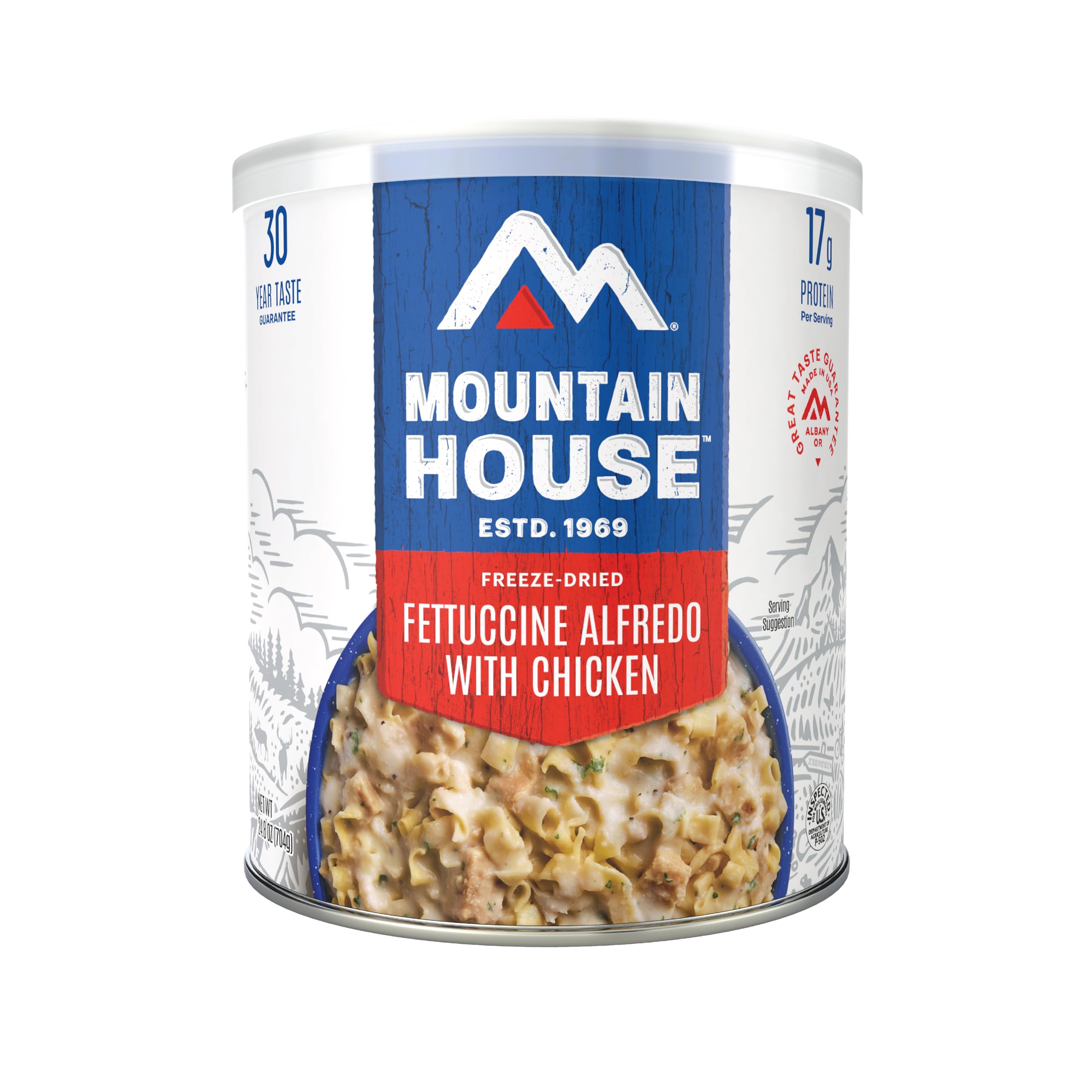 Mountain House Fettuccine Alfredo with Chicken pack ready for an easy camping dinner.
