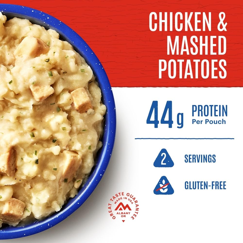 Mountain House freeze-dried meal with water being added for fast, no-cook camp kitchen.