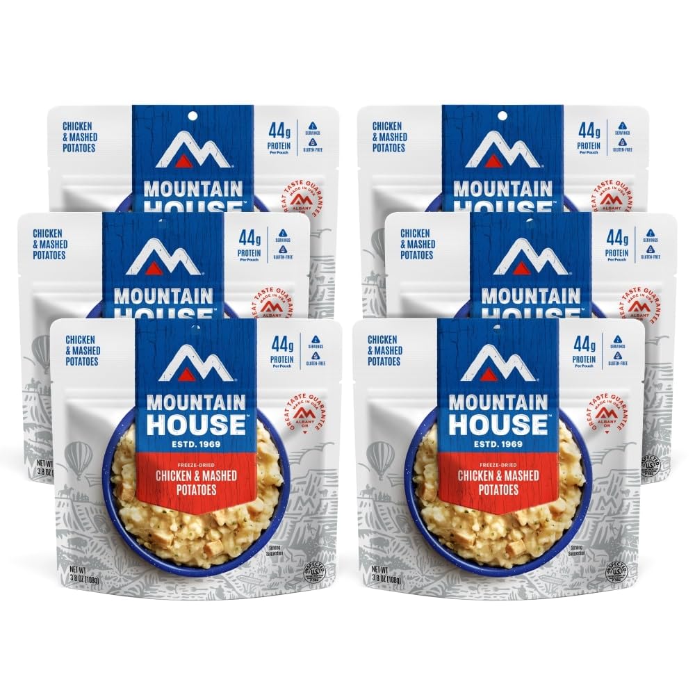 Mountain House gluten-free chicken mashed potatoes pouch on trail-ready packaging for convenient meals.