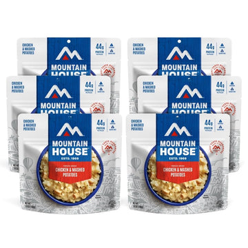 Mountain House gluten-free chicken mashed potatoes pouch on trail-ready packaging for convenient meals.