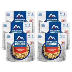 Mountain House gluten-free chicken mashed potatoes pouch on trail-ready packaging for convenient meals.