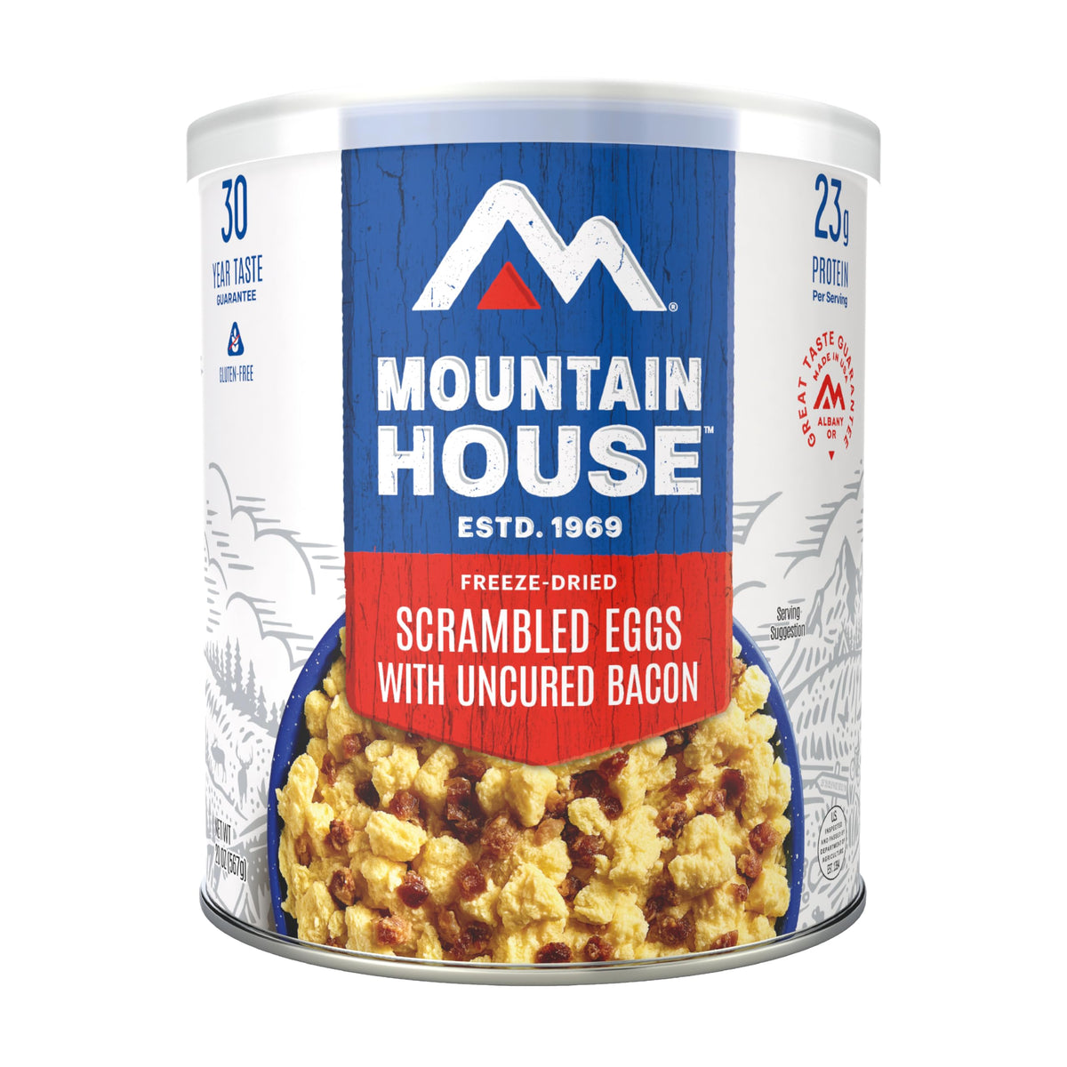 Mountain House gluten-free scrambled eggs with uncured bacon pouch demonstrates easy, reliable camp meals.