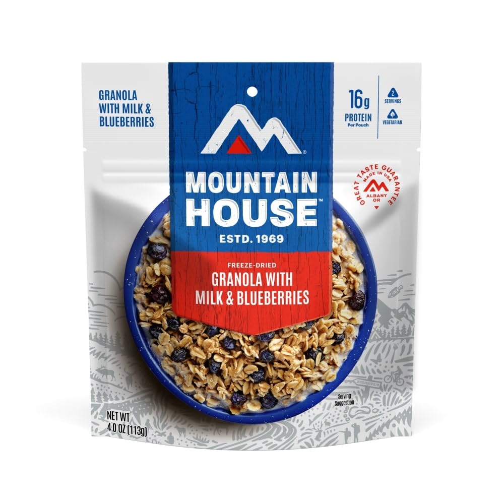 Mountain House granola with milk and blueberries morning-serve offers warm camping breakfast.