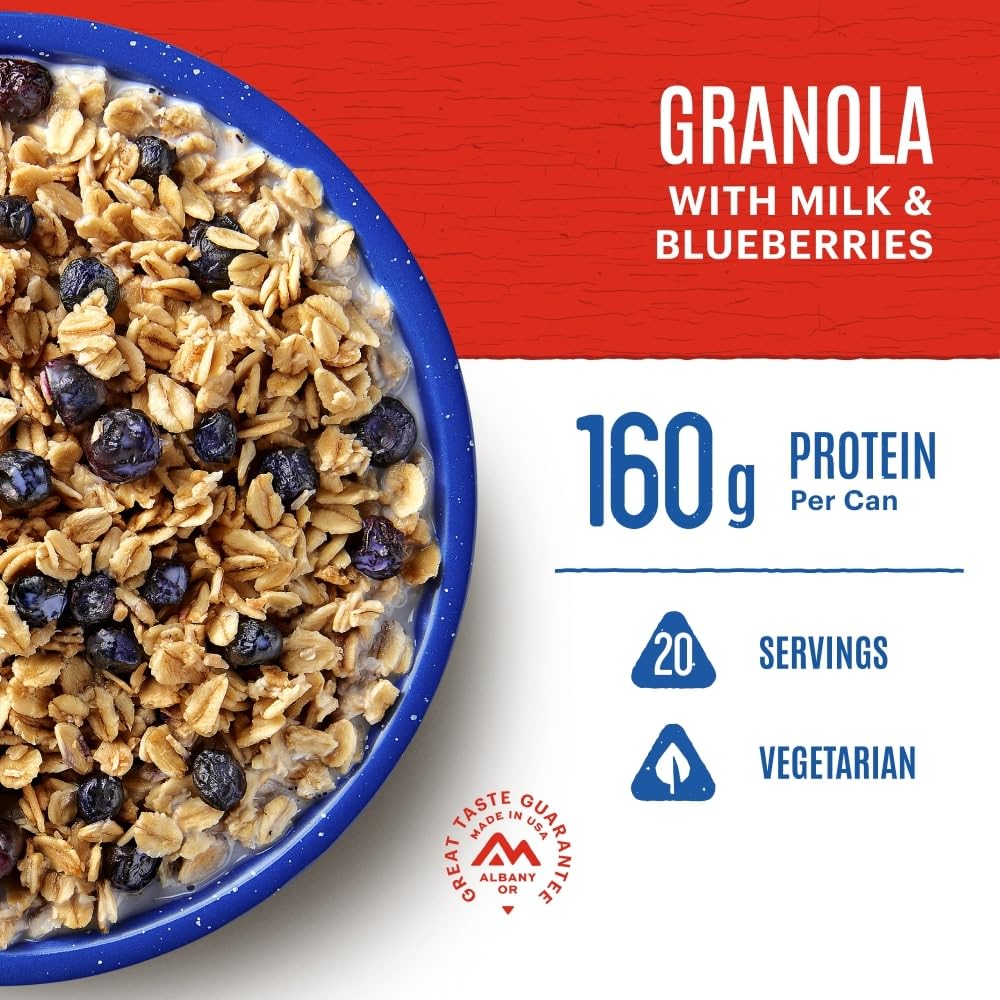 Mountain House Granola with Milk & Blueberries serving bowl highlights quick, satisfying breakfast or snack.