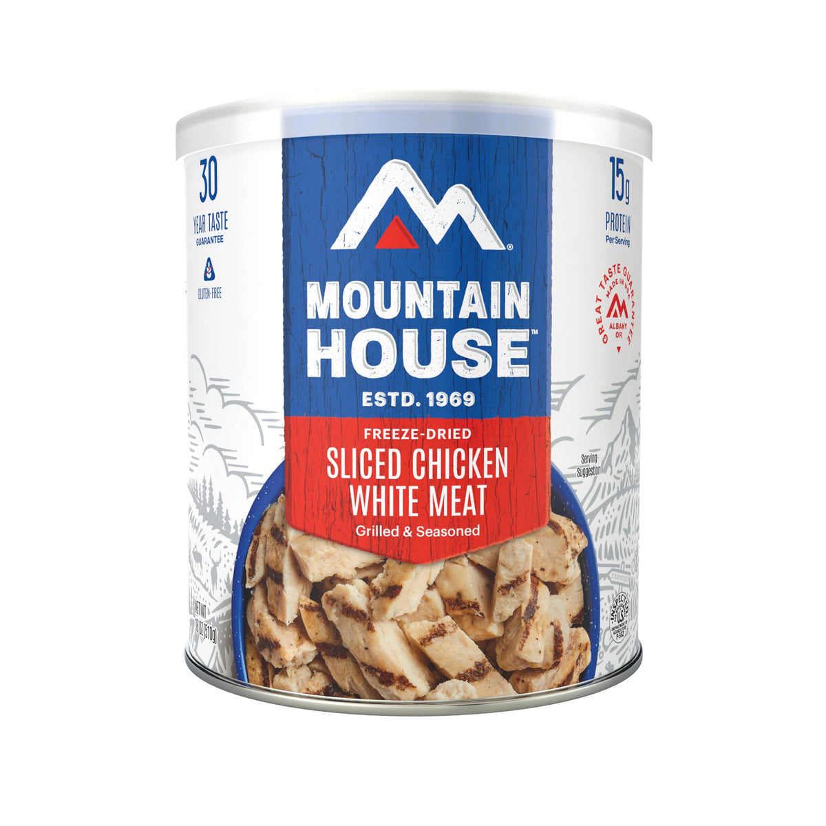 Mountain House Grilled Sliced Chicken packaging for long-term storage.