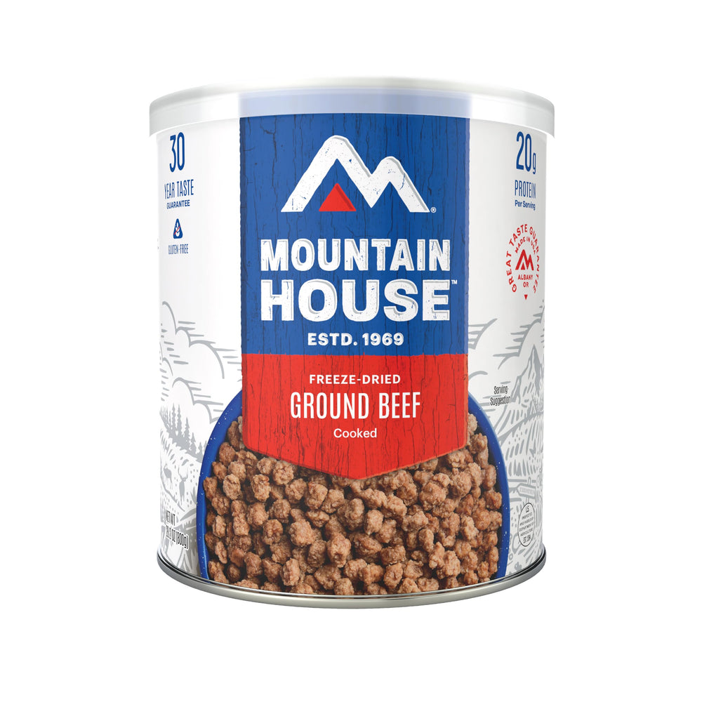 Mountain House Ground Beef can front view, gluten-free protein for camping meals