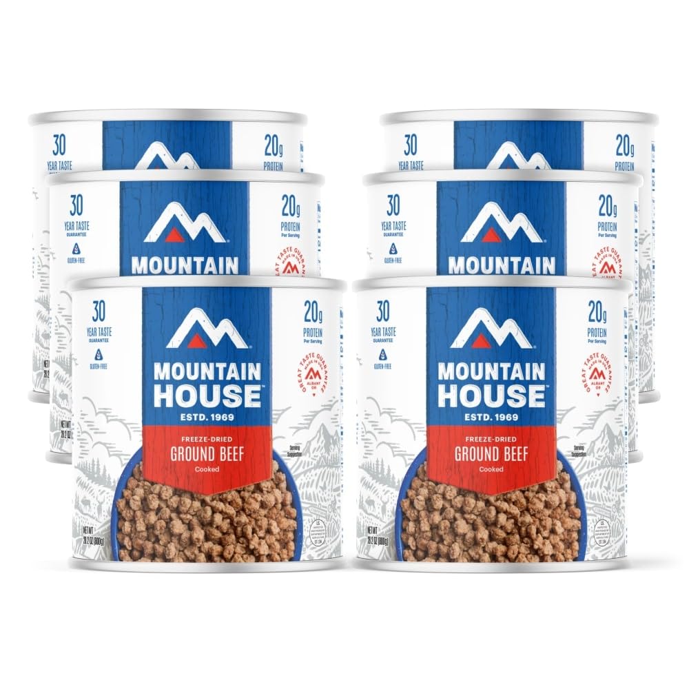 Mountain House Ground Beef can front view, long shelf-stable dinner option for emergencies.