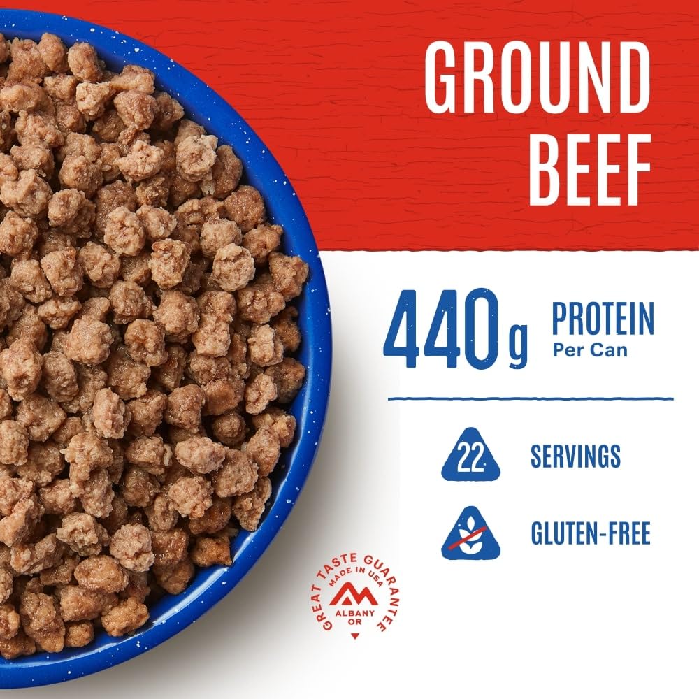 Mountain House Ground Beef texture close-up showing freeze-dried protein for quick meals.