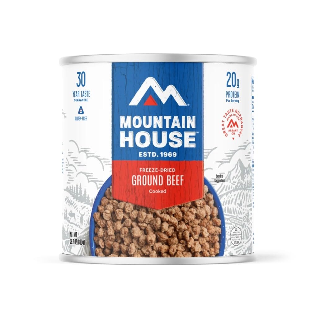 Mountain House Ground Beef open can shows ready-to-hydrate meal for camping.