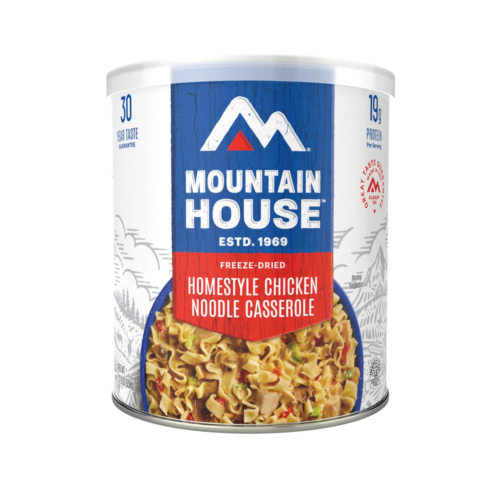 Mountain House homestyle chicken noodle casserole can, ready-to-eat camping meal with comforting flavor.