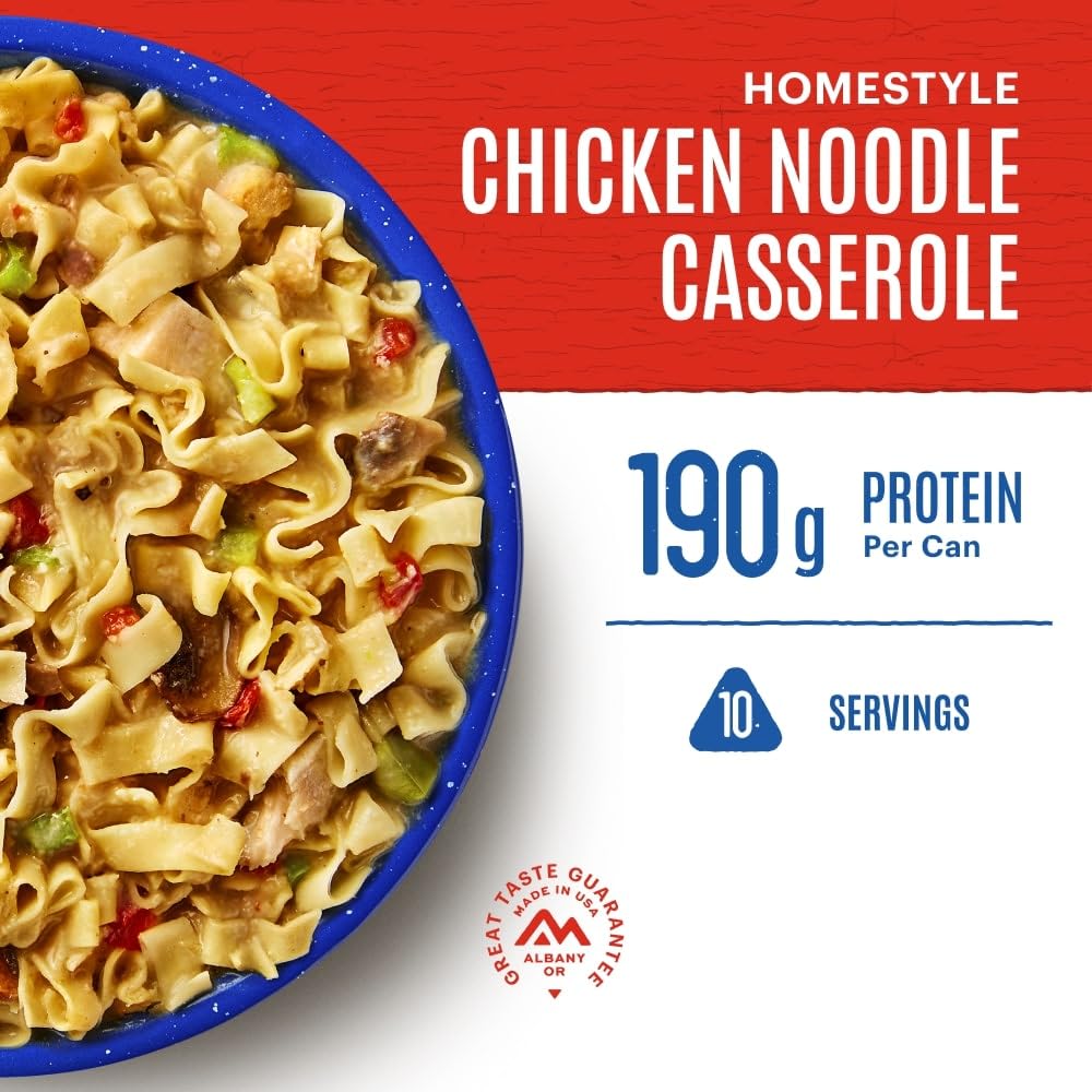 Mountain House homestyle chicken noodle casserole ingredients image highlights freeze-dried nutrients for quick meals.