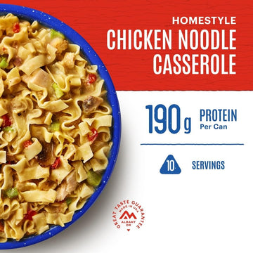 Mountain House homestyle chicken noodle casserole ingredients image highlights freeze-dried nutrients for quick meals.