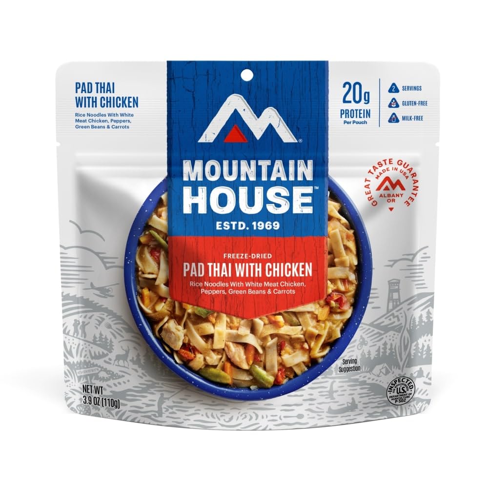 Mountain House Pad Thai with Chicken serving from pouch for convenient backcountry meals
