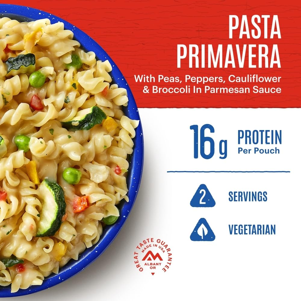 Mountain House Pasta Primavera ingredients close-up showing vegetables and creamy sauce.