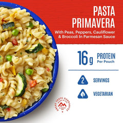 Mountain House Pasta Primavera ingredients close-up showing vegetables and creamy sauce.