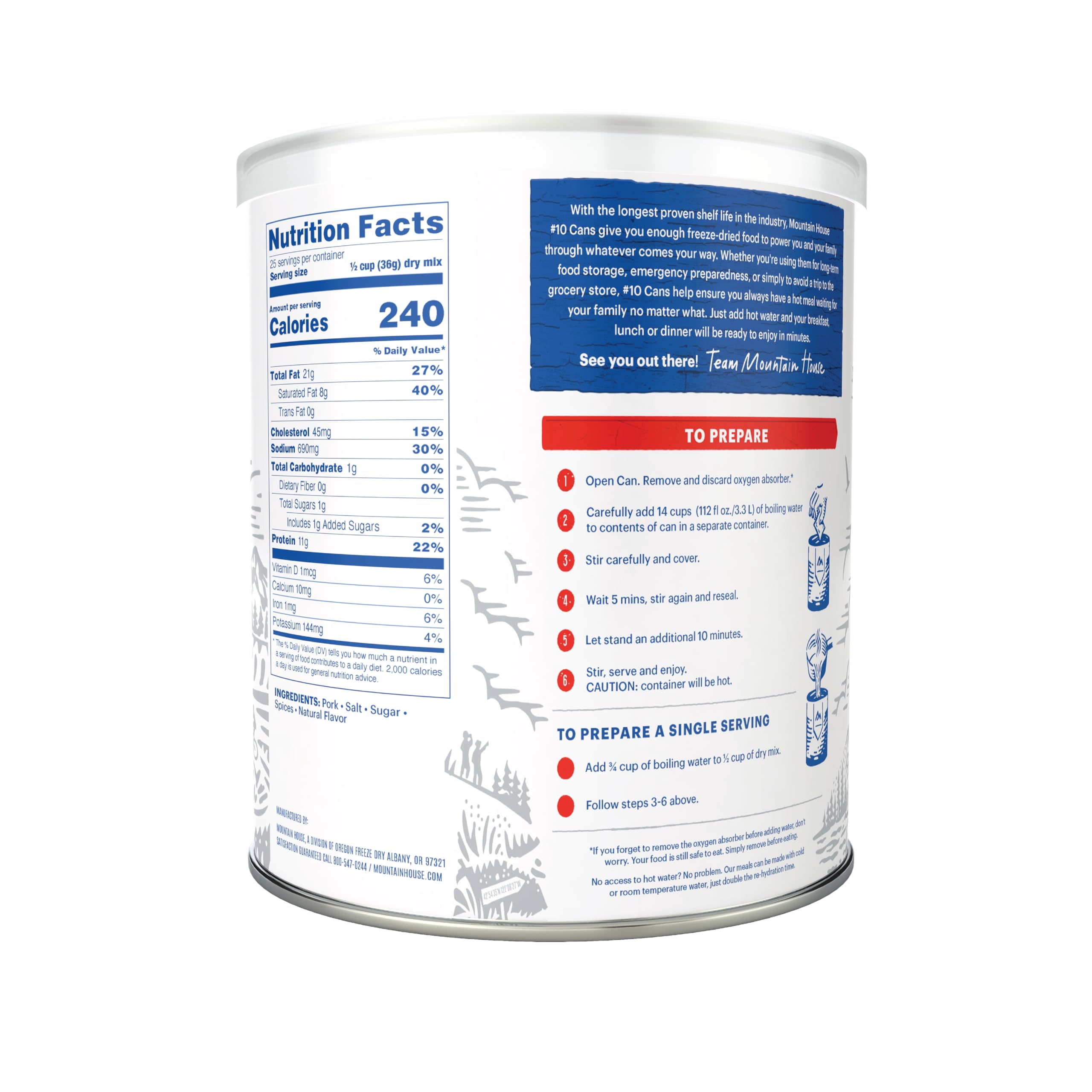 Mountain House Pork Sausage ready-to-eat pouch with fast water preparation.