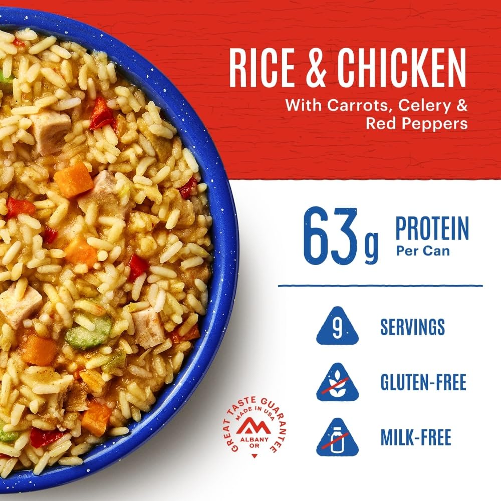 Mountain House Rice & Chicken can back view; long shelf life for storage