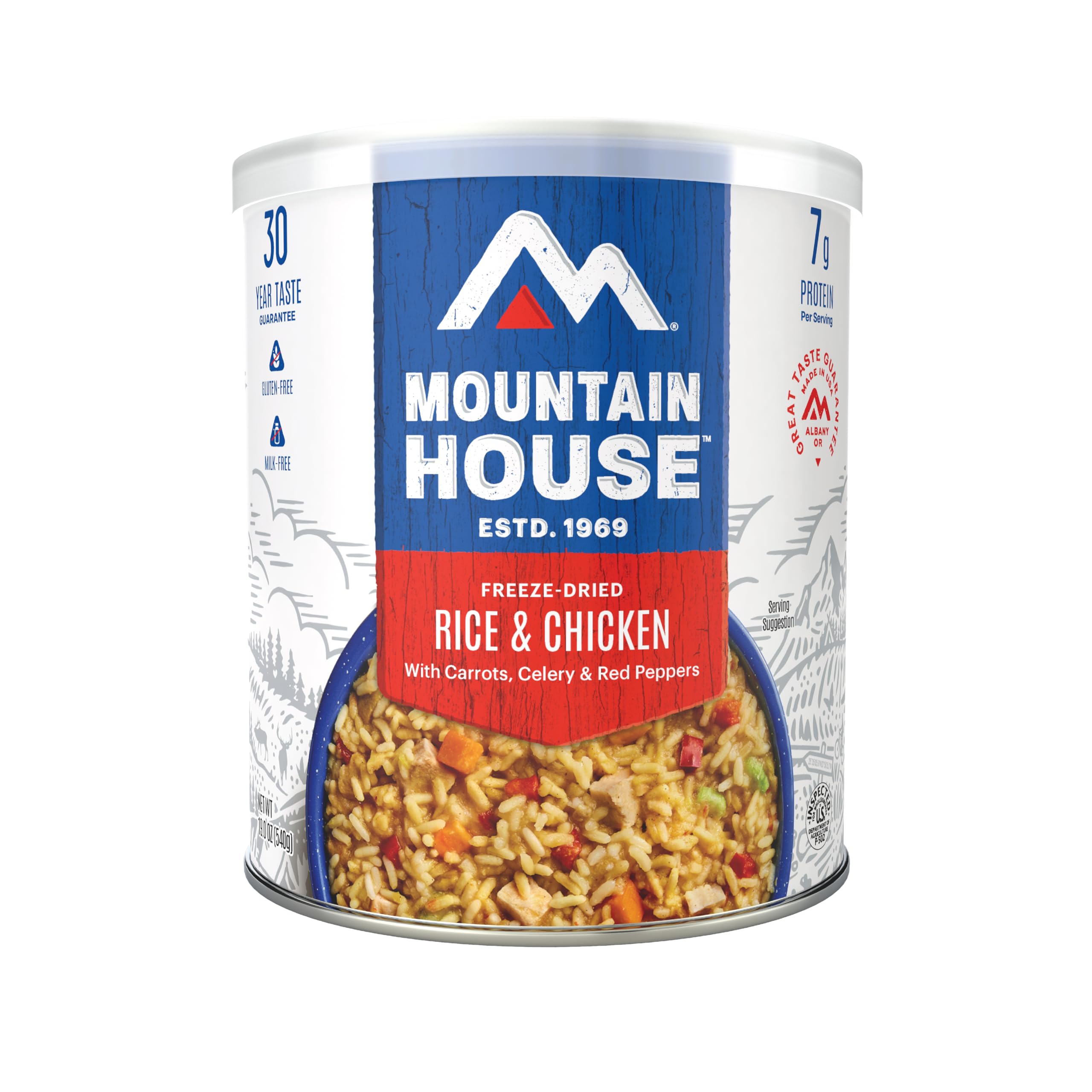 Mountain House Rice & Chicken can front view; quick, reliable trail meal